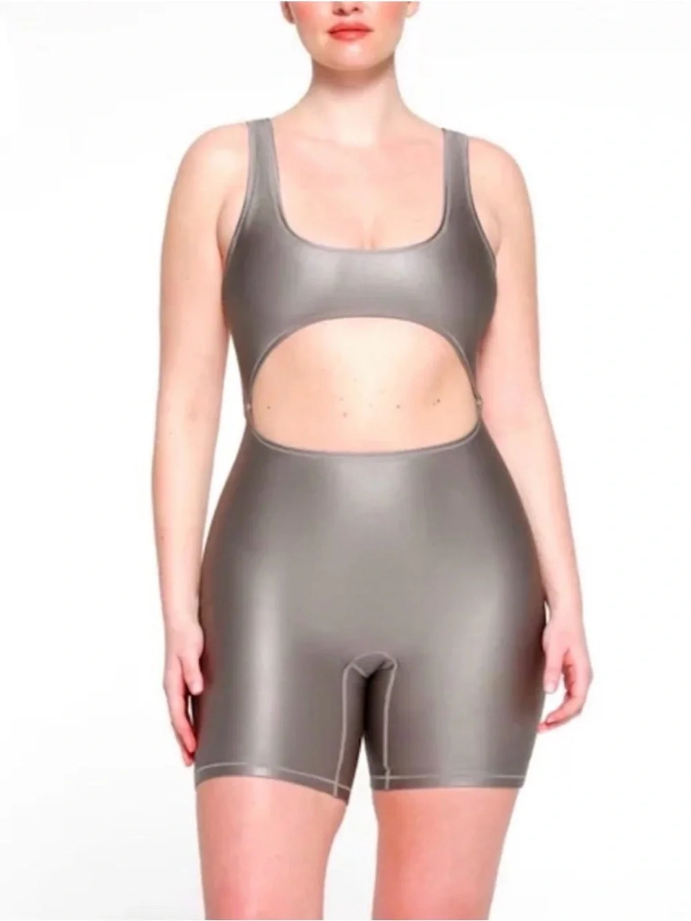 SKIMS Shine Swim Cut-Out Cycle Suit Smoke NWT Small